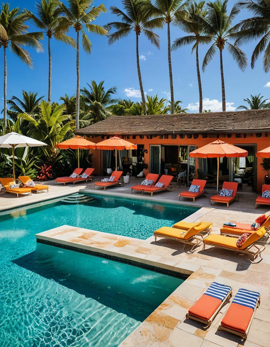 A vibrant scene depicting a stylish swimwear display by a luxurious poolside transitioning into ocean waves. Include a variety of swimwear styles like bikinis and one-pieces in bright colors, with playful beach accessories like sunglasses and towels scattered around. Capture a sunny, uplifting ambiance with palm trees in the background. super-realistic. vibrant colors. beach setting.